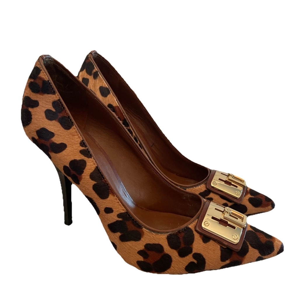 Tory Burch Celina Leopard Print Calf Hair Pumps Pointed Toes Gold Logo Size 9